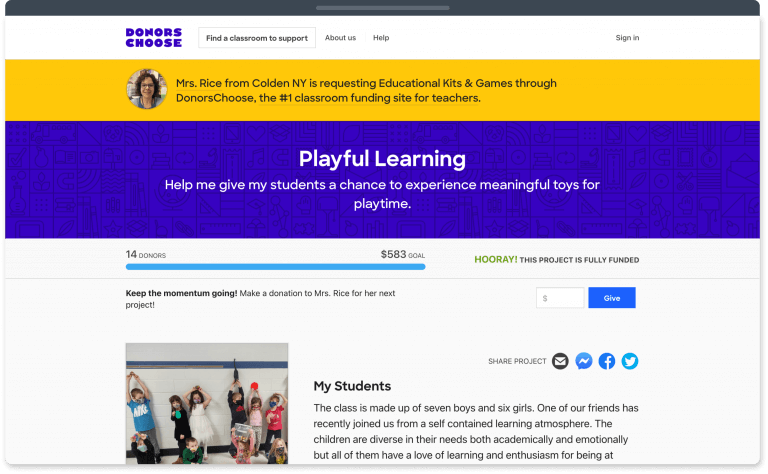 DonorsChoose’s fundraising website turns school fundraising into a team effort.