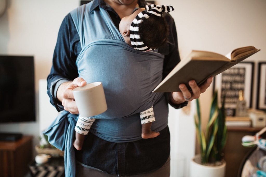 Hannah with Book, Baby and Coffee