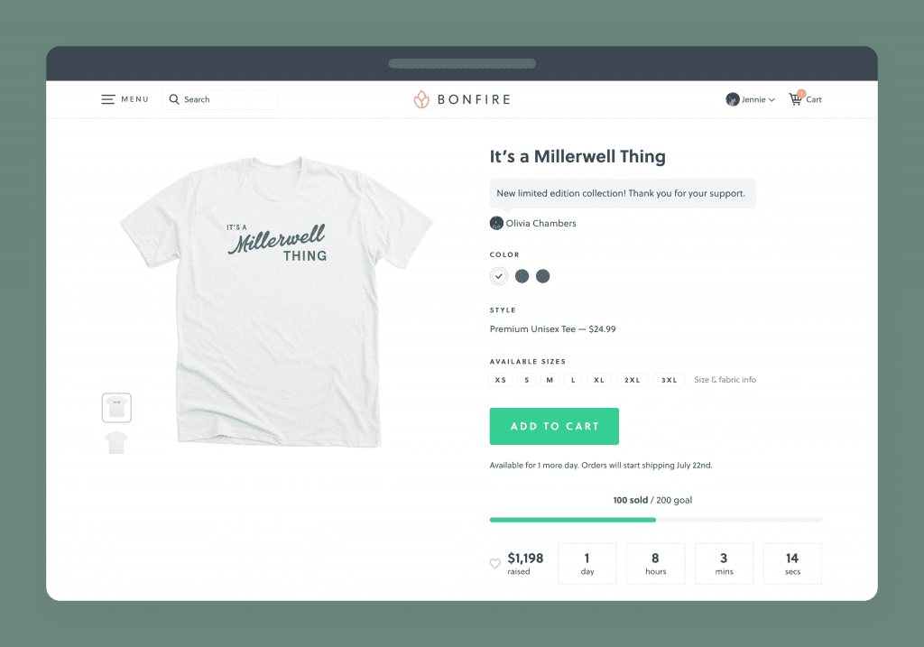 A screenshot of a t-shirt campaign page hosted on Bonfire, a top GoFundMe alternative.