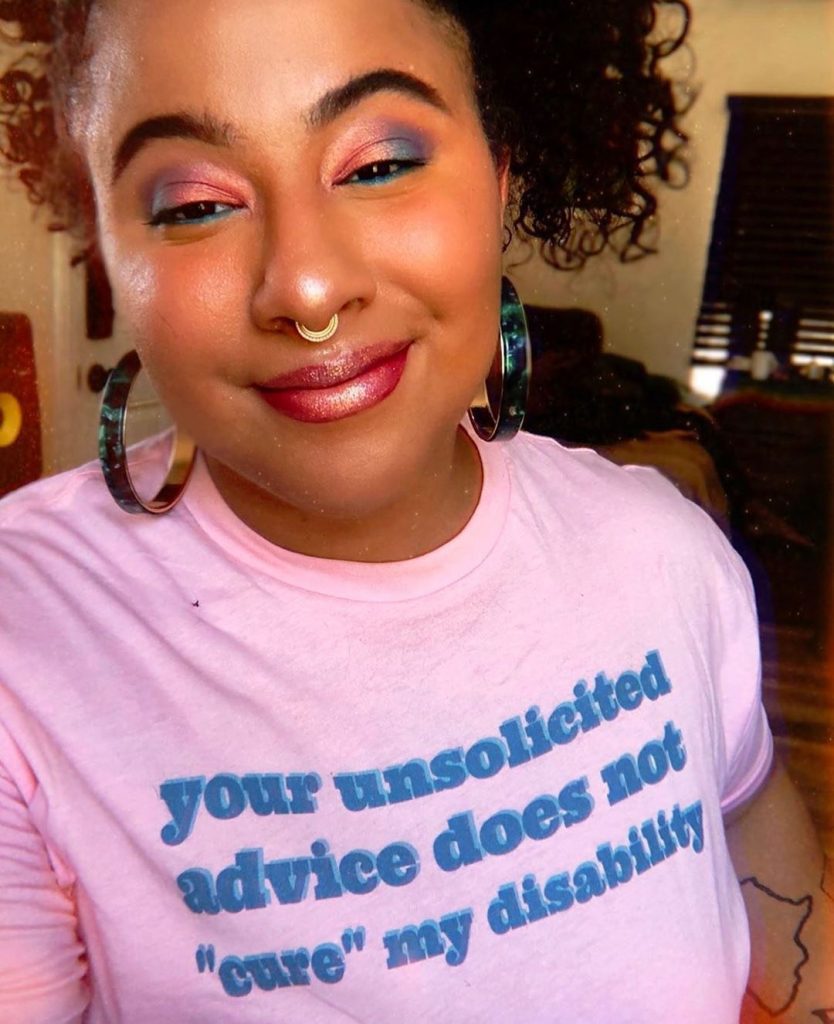 T-shirt design with a bold statement in blue lettering