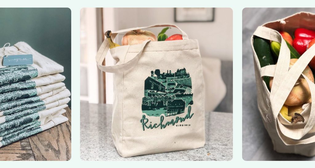 Custom tote bags being used for groceries.