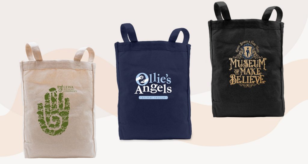 Tote bags with large brand logos.