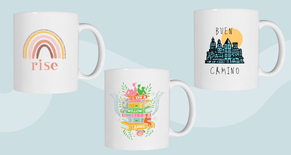 Custom mugs designed with colorful illustrations.