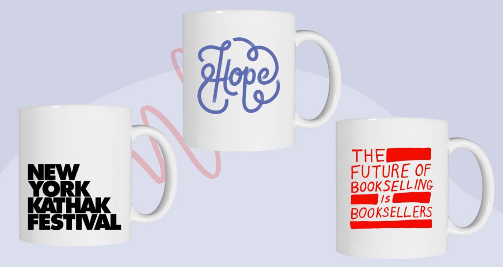 Custom mugs designed with typographic designs.