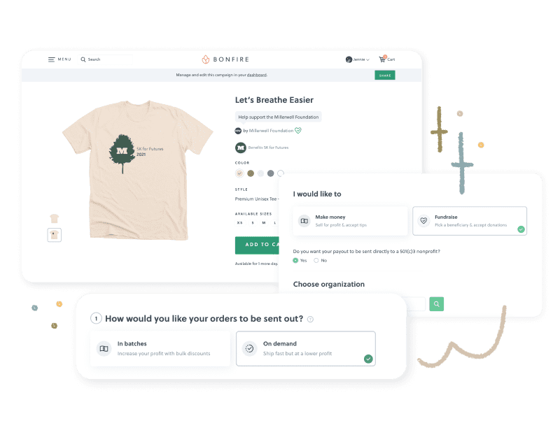 Bonfire's options for selling custom merch includes, print on-demand, timed campaigns, and fundraisers.