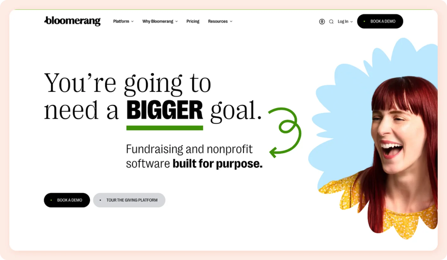 A screenshot of the Bloomerang homepage.