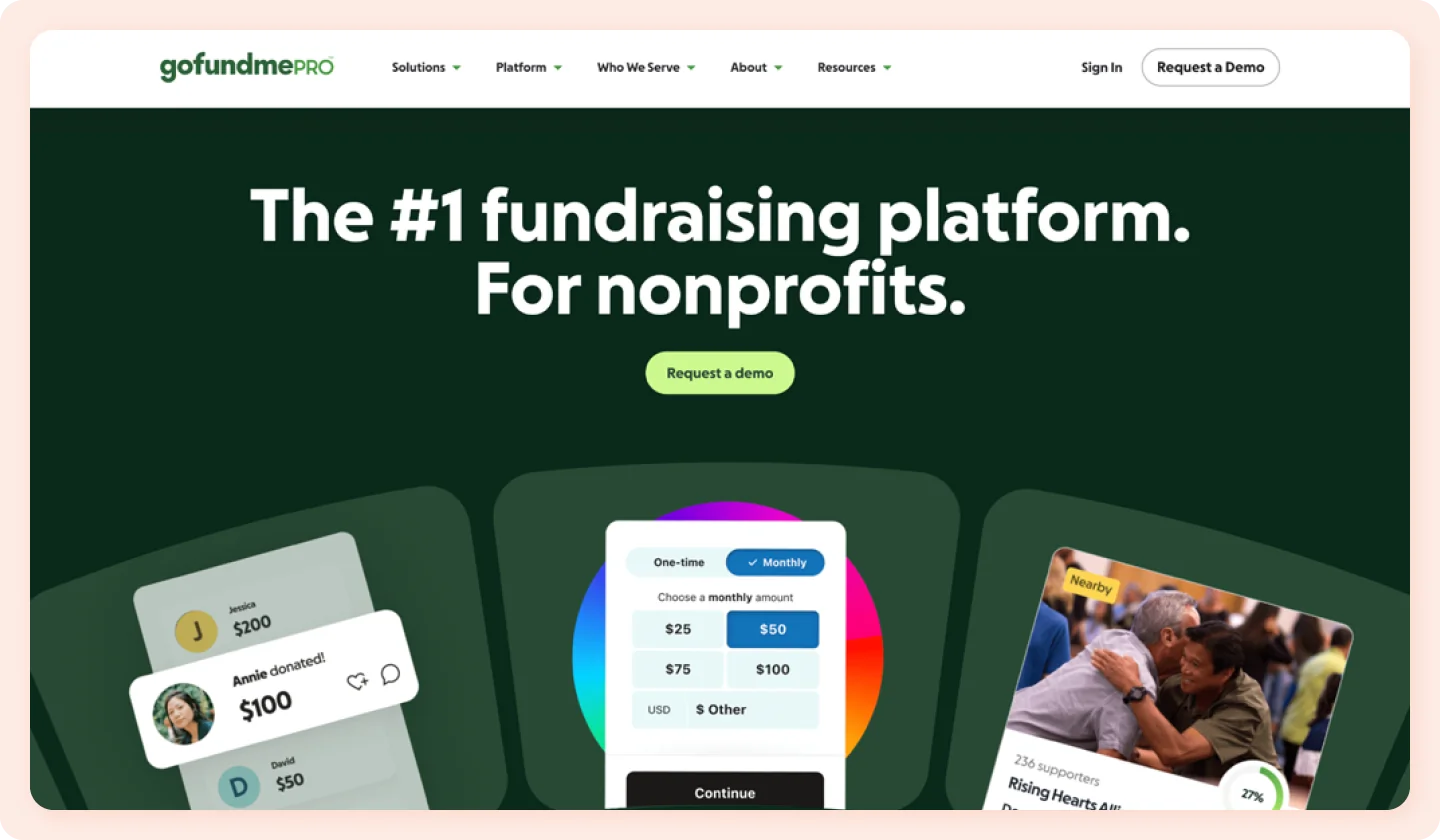 A screenshot of the GoFundMe Pro homepage.
