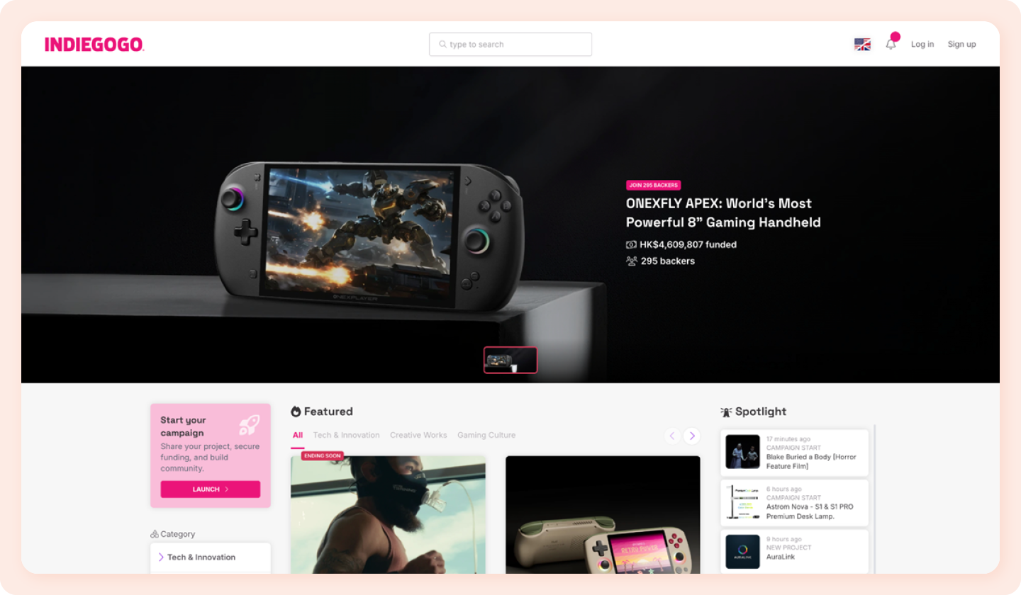A screenshot of the Indiegogo homepage.