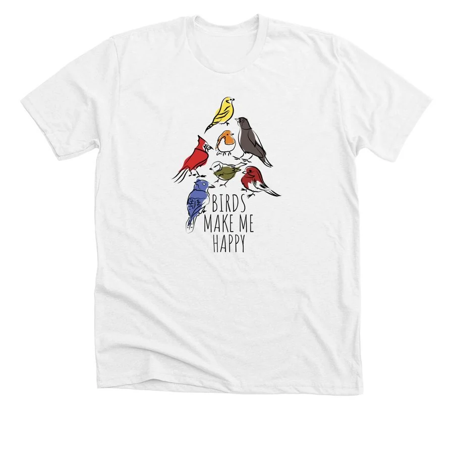 Solid white blend t-shirt featuring 'Birds Make Me Happy' design with illustrated cardinals and birdhouse