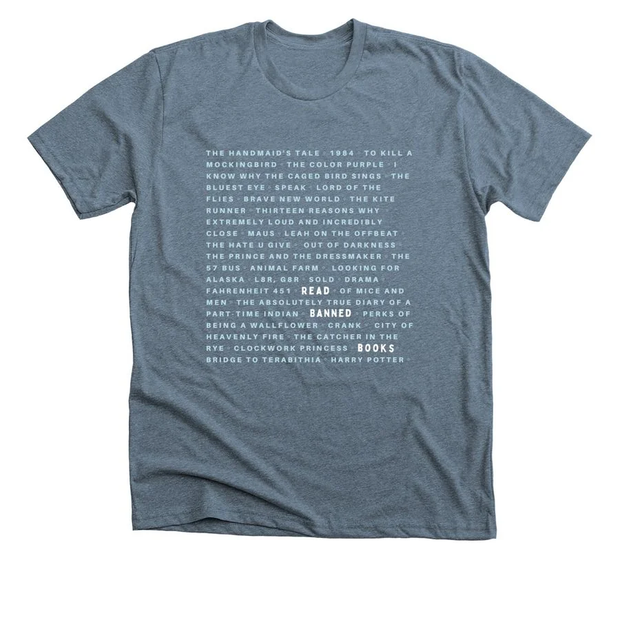 Heather slate t-shirt featuring 'Read Banned Books - 2022 Design' with list of banned book titles in white text