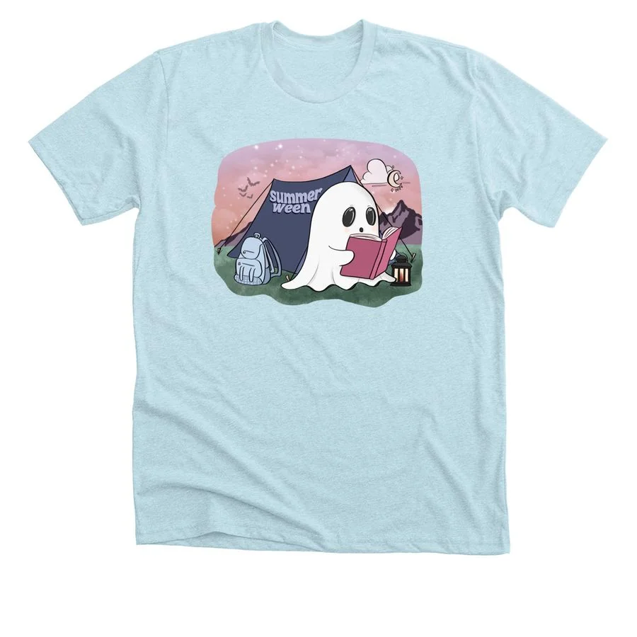 Heather ice blue t-shirt featuring 'Summerween Readathon 2024' design with ghost reading book and moon graphic