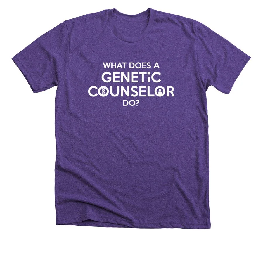 Heather team purple t-shirt featuring 'Genetic Counseling Awareness Shirt' design with white text