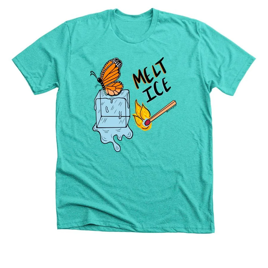 Heather sea green t-shirt featuring 'Melt ICE' design with illustrated ice cream character holding torch