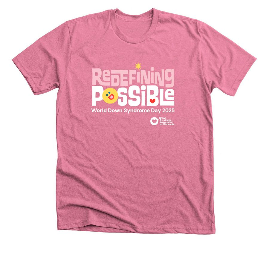 Heather mauve t-shirt featuring 'World Down Syndrome Day' design with 'Redefining Possible' text and yellow ribbon graphic