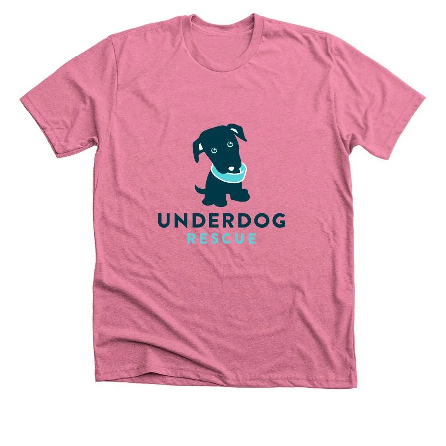 Heather mauve t-shirt featuring 'Underdog Rescue Merch' design with illustrated dog and text graphic