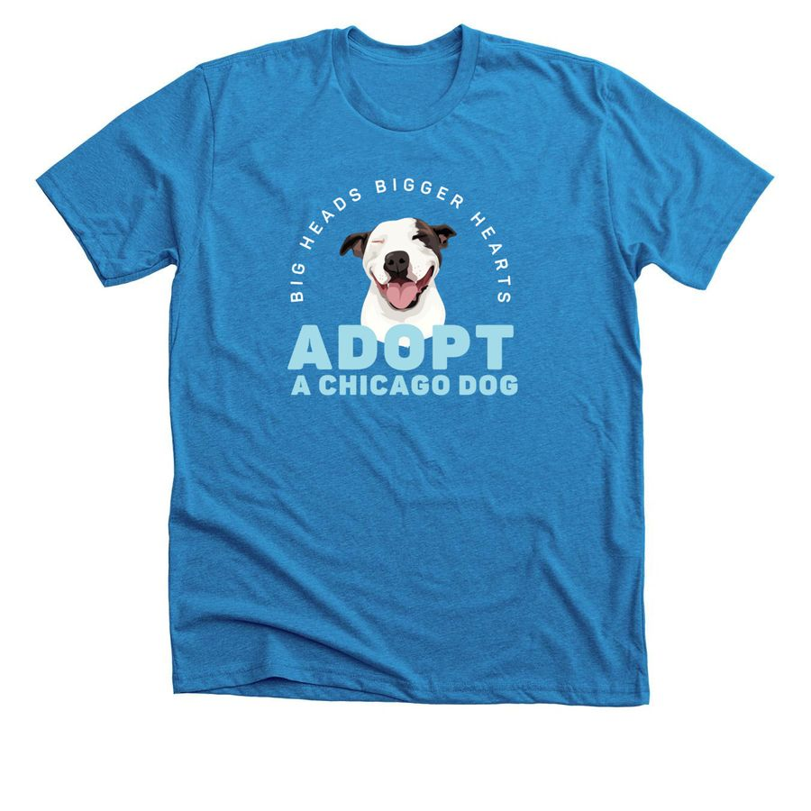 Neon blue t-shirt featuring 'Chicago Dog Campaign' design with dog and circular text graphic