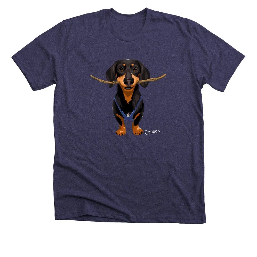 Heather lapis t-shirt featuring 'Crusoe's Happy Stick' design with illustrated dachshund dog holding stick