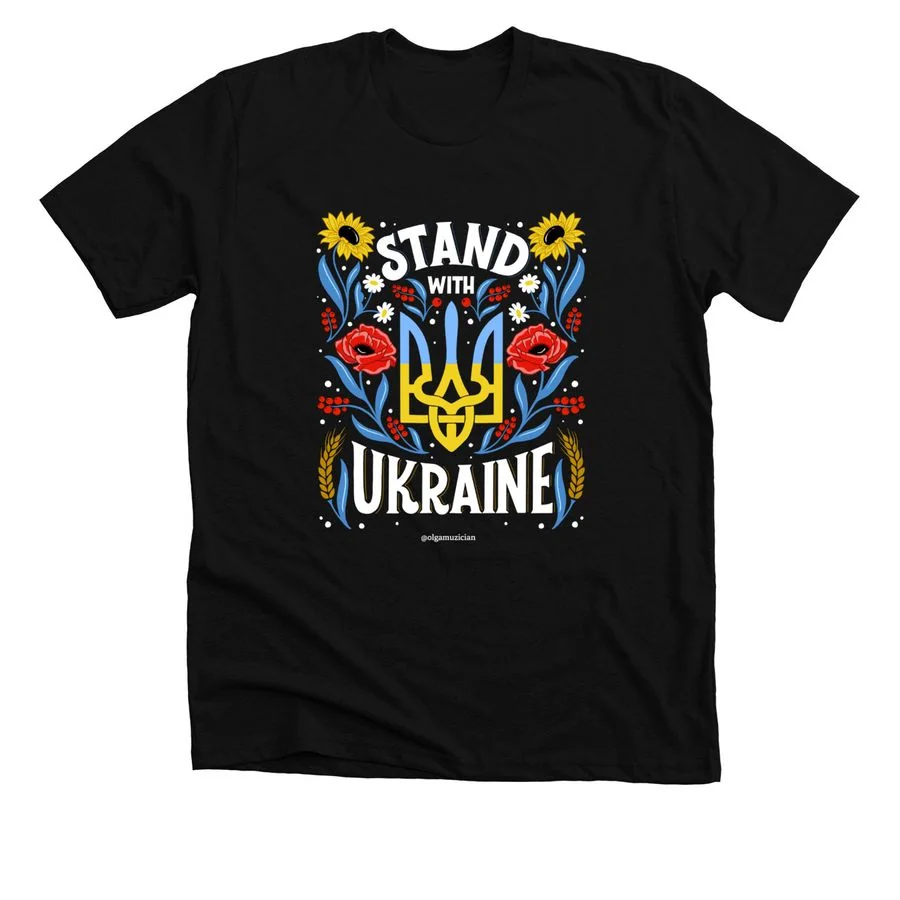 Black t-shirt featuring 'Stand with Ukraine' design with yellow and blue Ukrainian trident emblem