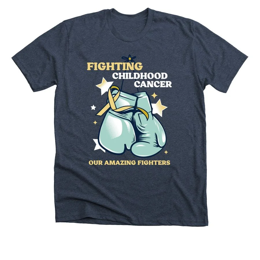 Heather midnight navy t-shirt featuring 'Our Amazing Fighters - Childhood Cancer' design with illustrated boxing gloves and ribbon