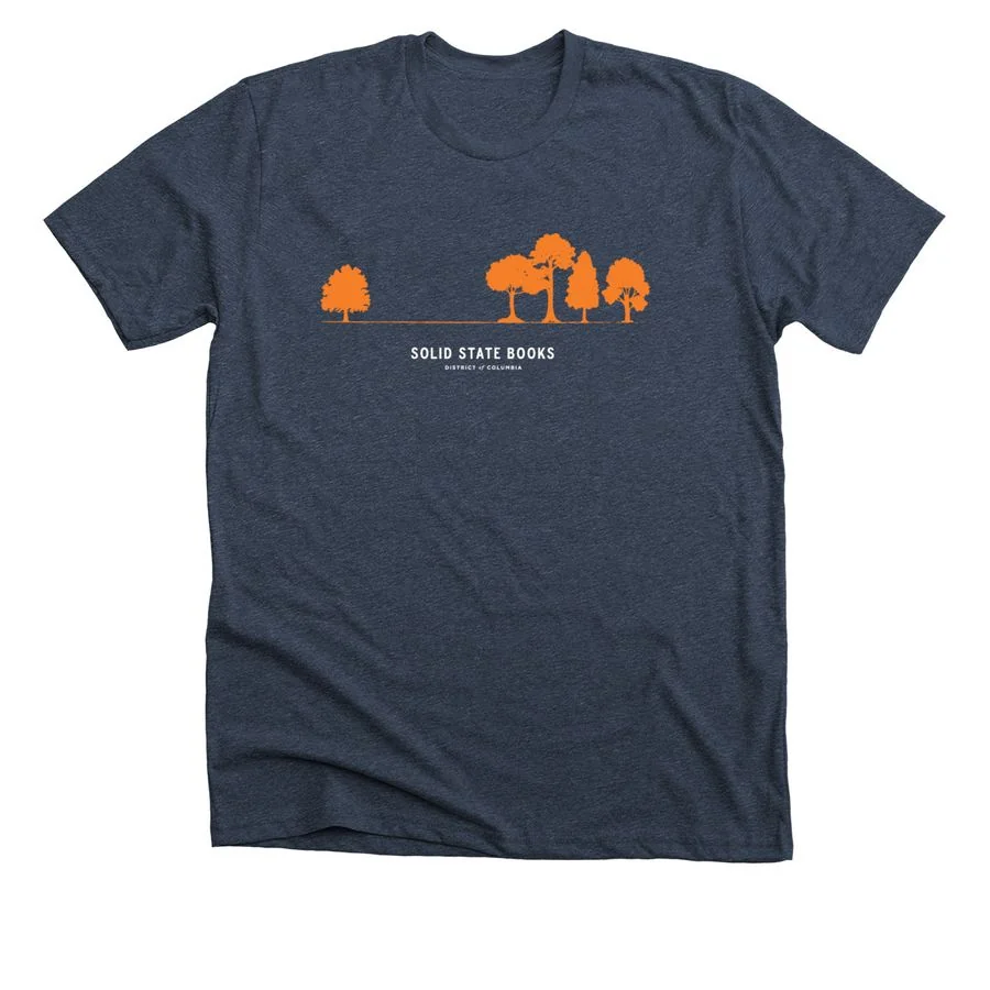 Heather midnight navy t-shirt featuring 'Solid State Books' design with orange tree and text graphic