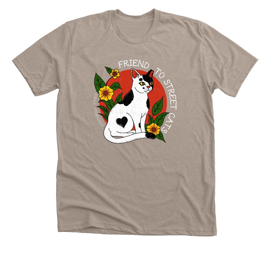 Heather stone t-shirt featuring 'Friend to Street Cats' design with illustrated cat and floral wreath graphic