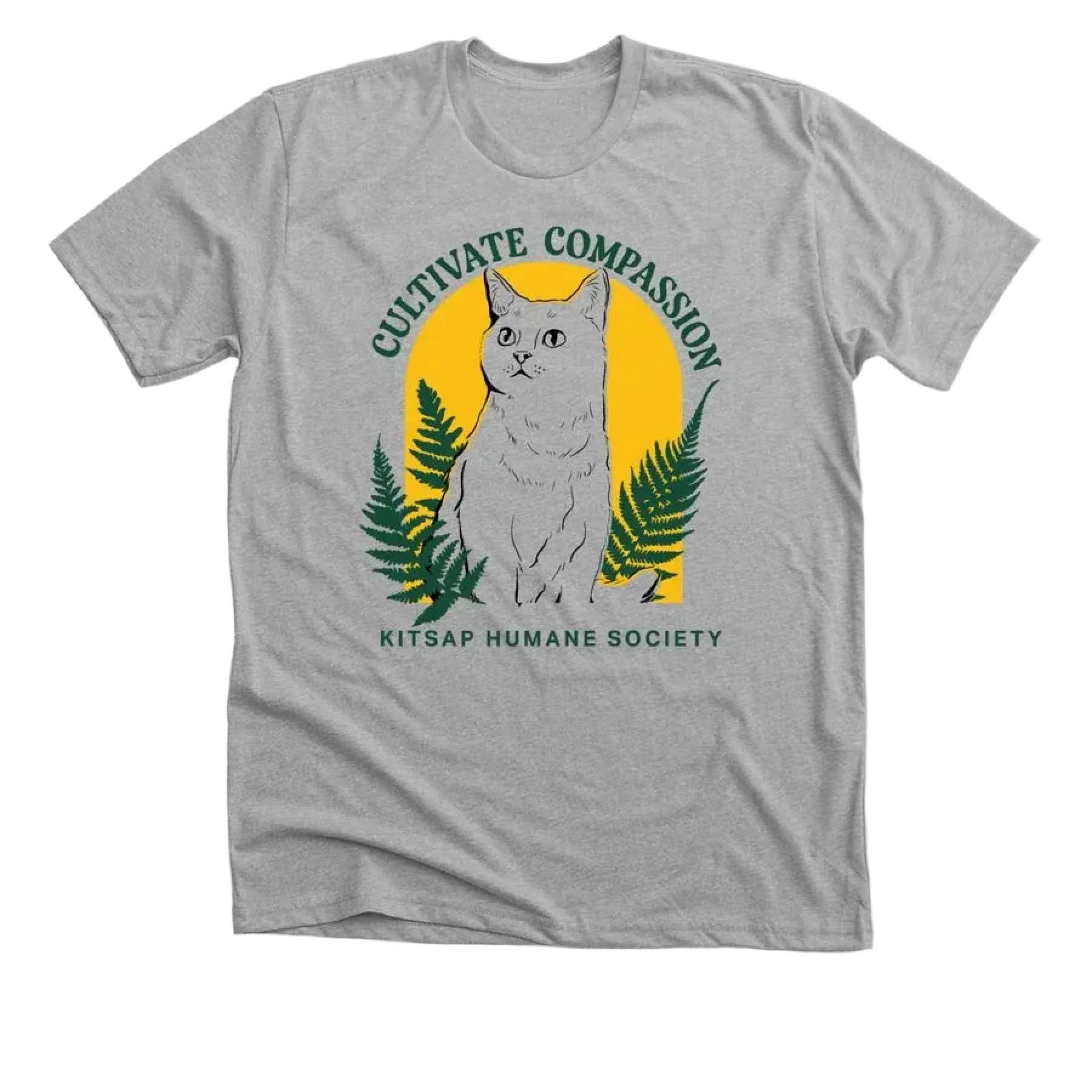 Athletic heather t-shirt featuring 'Cultivate Compassion' design with illustrated cat and green foliage on yellow background