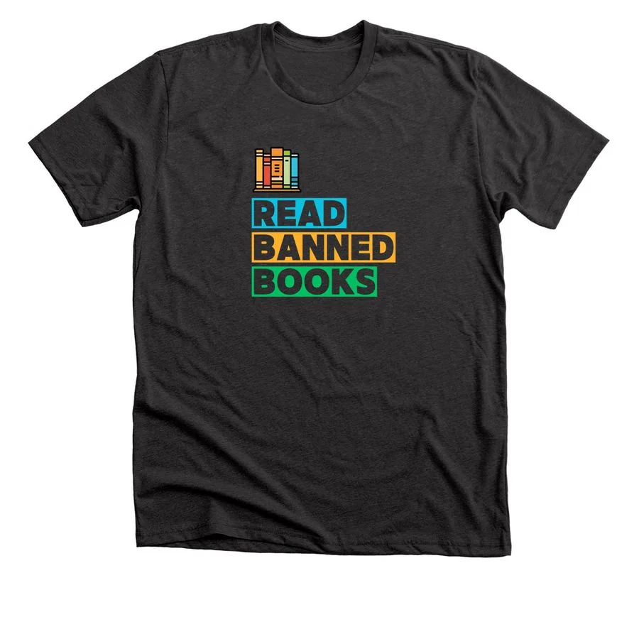 Dark grey heather t-shirt featuring 'Read Banned Books' design with colorful stacked books graphic