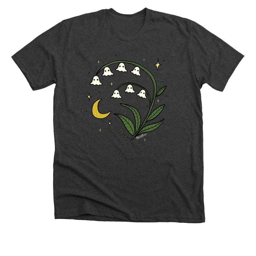Dark grey heather t-shirt featuring 'Ghosties of the valley' design with lily of the valley flowers, moon and ghost illustrations