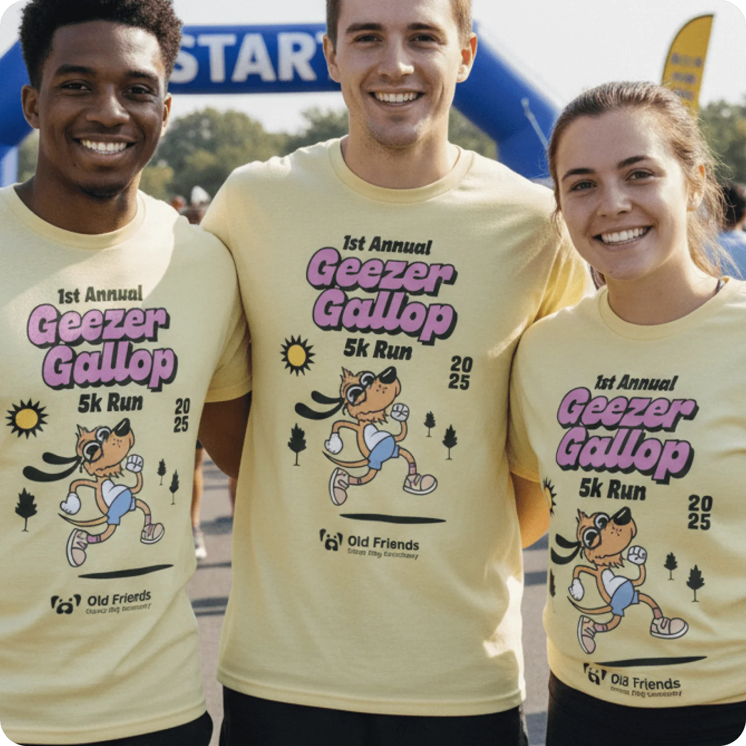 Matching event t-shirts featuring playful illustrated graphics for community runs and fundraisers.